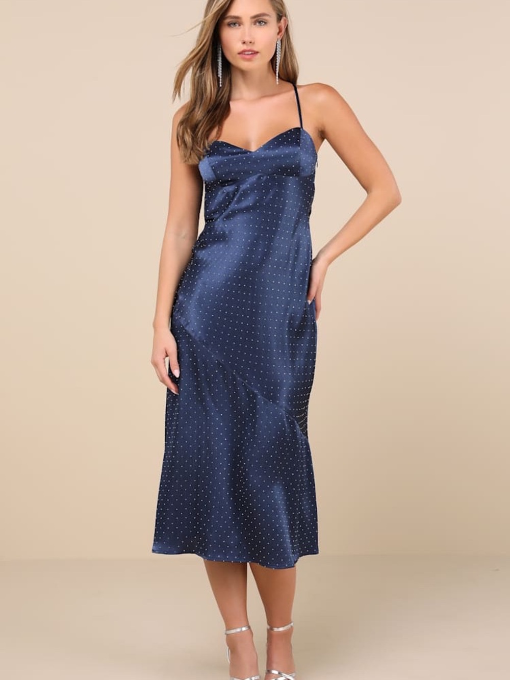 #92- NWT Lulu's Certainly Flawless Navy Satin‎ Rhinestone Cowl Back Midi Dress